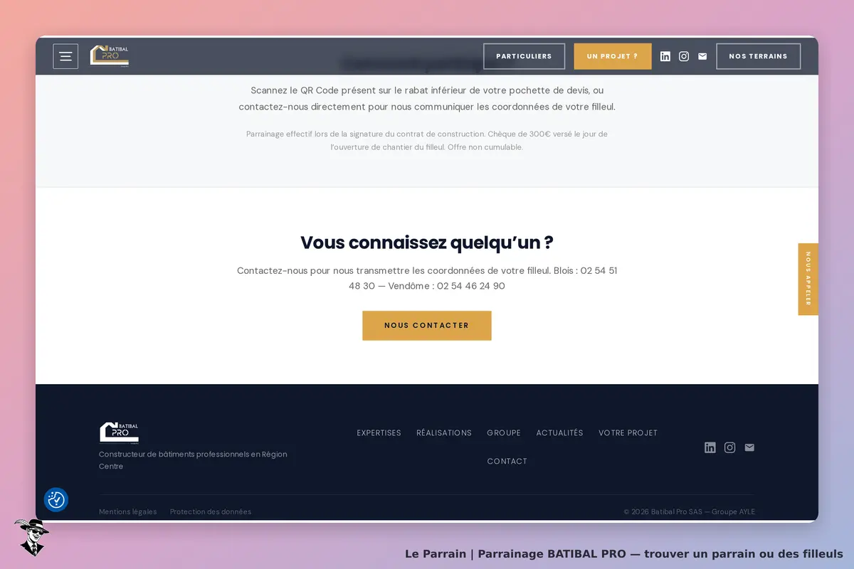 BATIBAL PRO : section de contact pour transmettre des coordonnées de filleul avec numéros de
