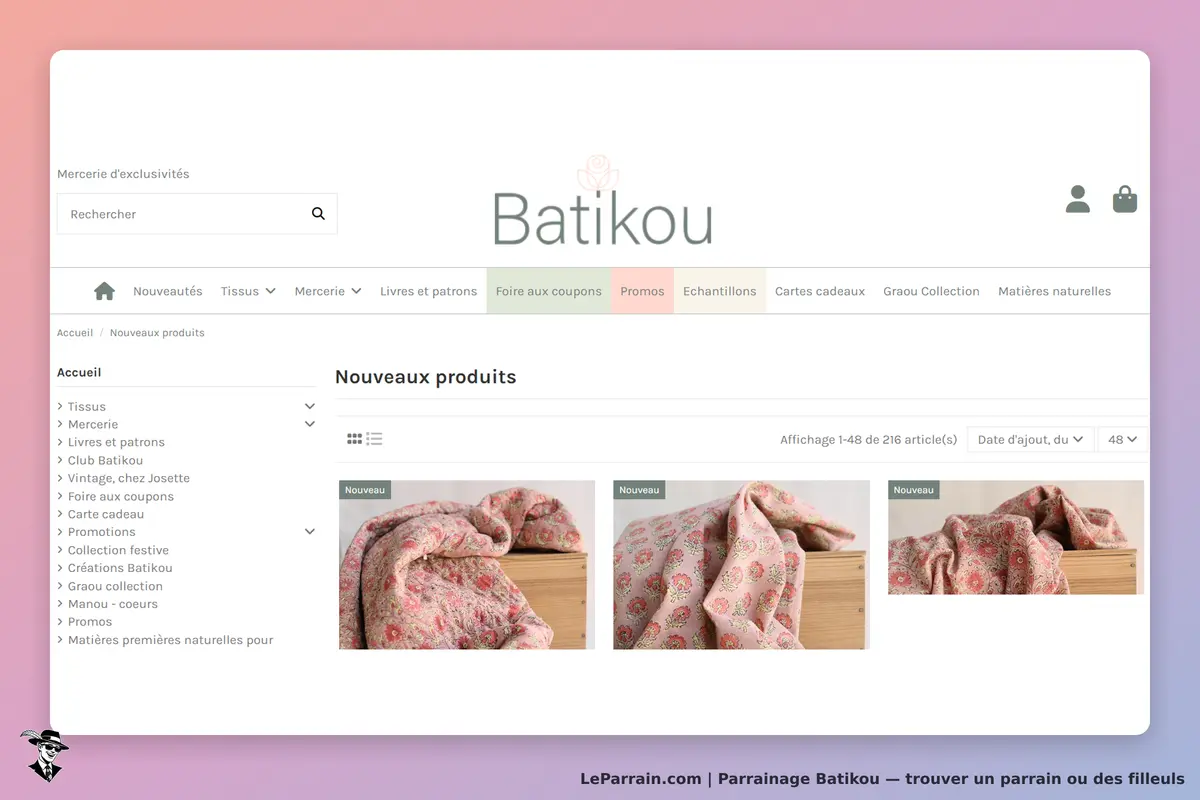 Batikou : page d'accueil avec nouveaux produits, affichant des tissus colorés et motifs variés