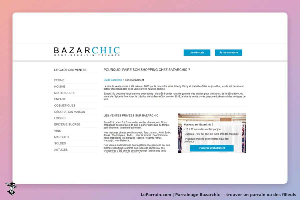 Bazarchic : page d'accueil présentant les catégories de ventes et un texte explicatif sur le site