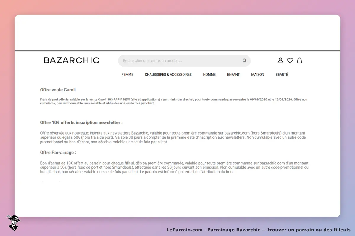 Bazarchic : page d'accueil avec offres promotionnelles et informations sur les newsletters