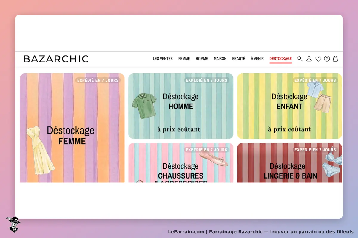 Bazarchic : page d'accueil avec sections de déstockage pour femme, homme, enfant et lingerie