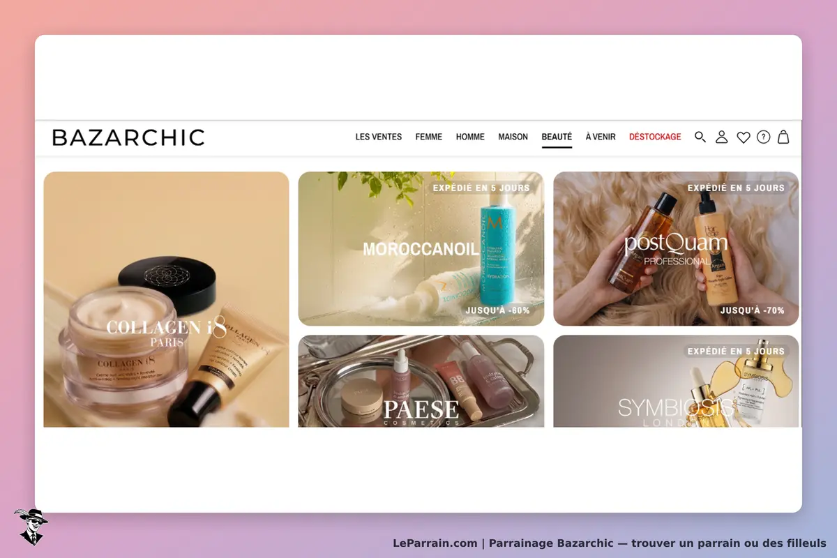 Bazarchic : page d'accueil avec produits de beauté et marques affichées en vignettes