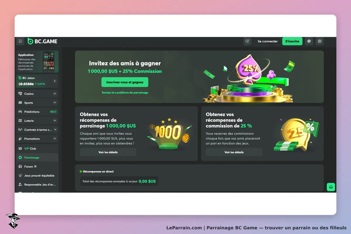 BC Game : page d'accueil avec offres de parrainage et boutons d'inscription et de connexion