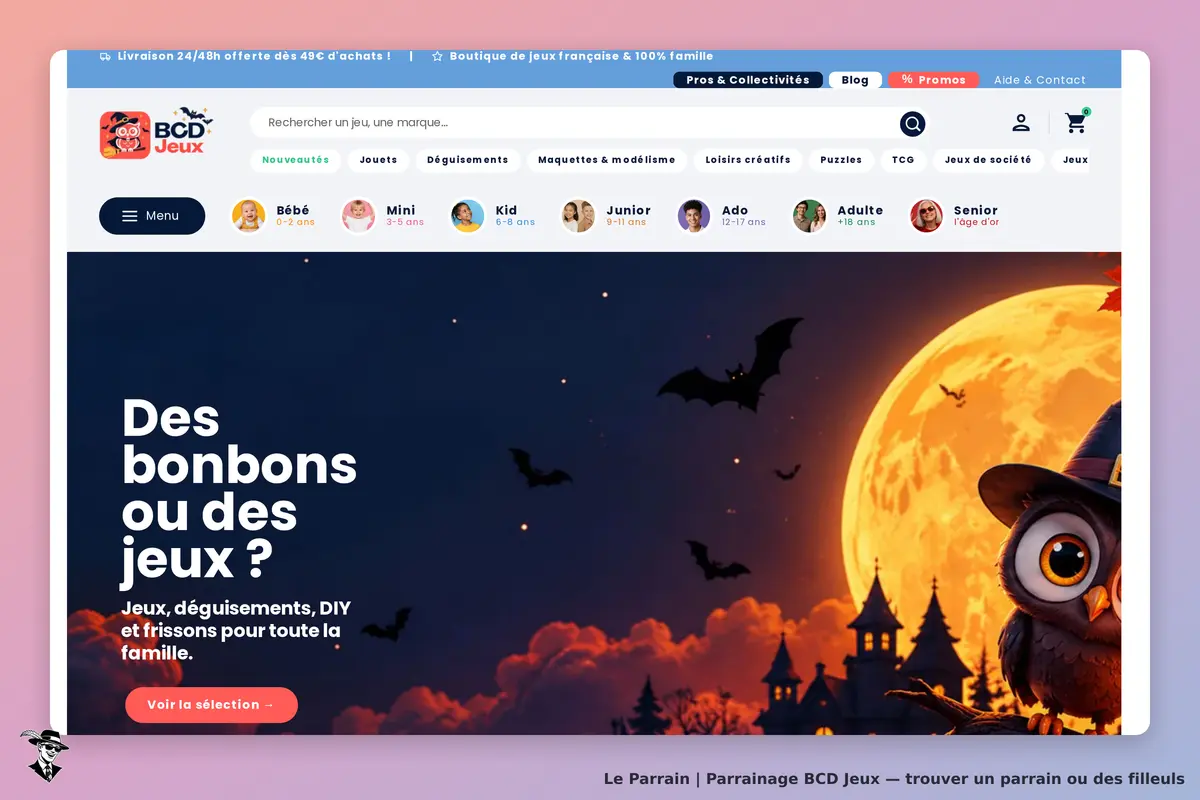 BCD Jeux : page d'accueil avec un hibou et une pleine lune, promotion de jeux pour toute la famille