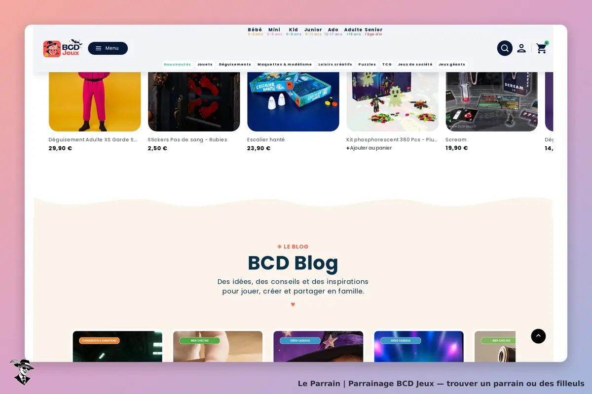 BCD Jeux : page d'accueil avec produits, blog et sections pour événements et cadeaux
