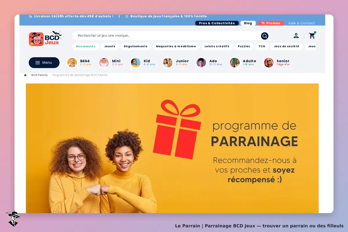 BCD Jeux : deux femmes souriantes en sweat, avec un visuel de programme de parrainage en