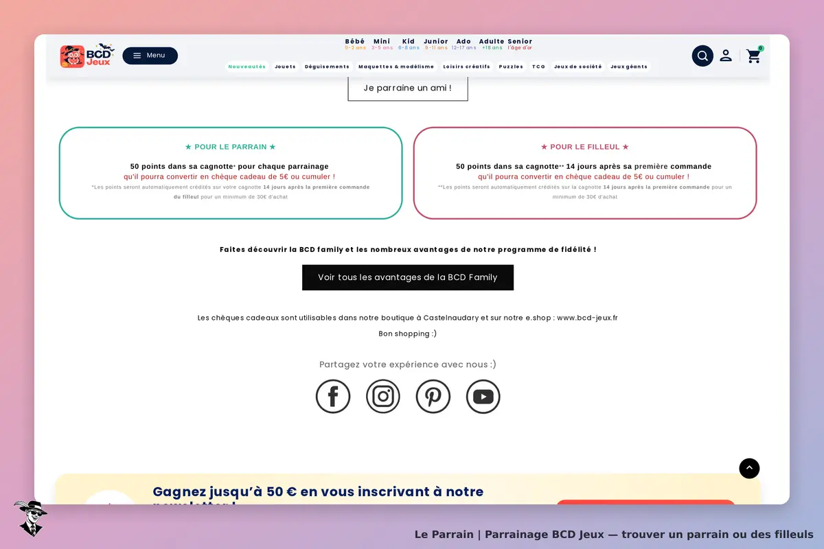 BCD Jeux : section sur le parrainage avec avantages pour le parrain et le filleul