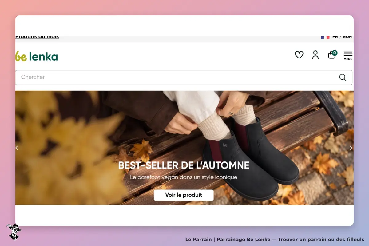 Be Lenka : chaussures affichées sur un banc en bois, entourées de feuilles d'automne