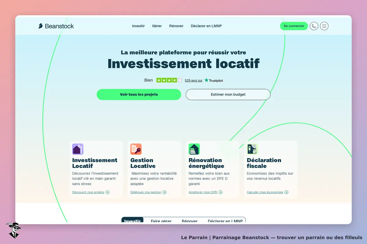 Beanstock : page d'accueil présentant des services d'investissement locatif et des options de