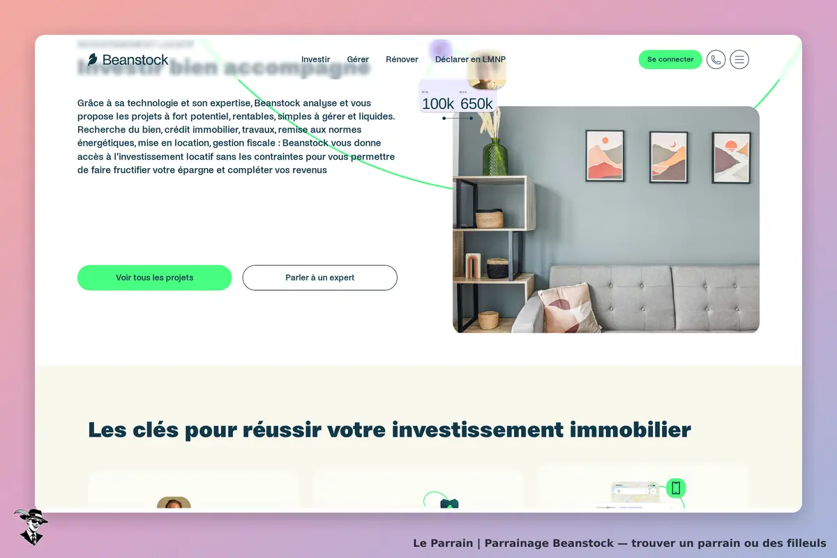 Beanstock : page d'accueil avec texte d'introduction et images de projets immobiliers