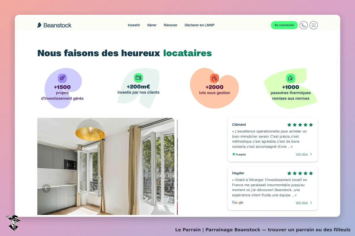 Beanstock : page d'accueil avec statistiques et témoignages de clients sur l'investissement