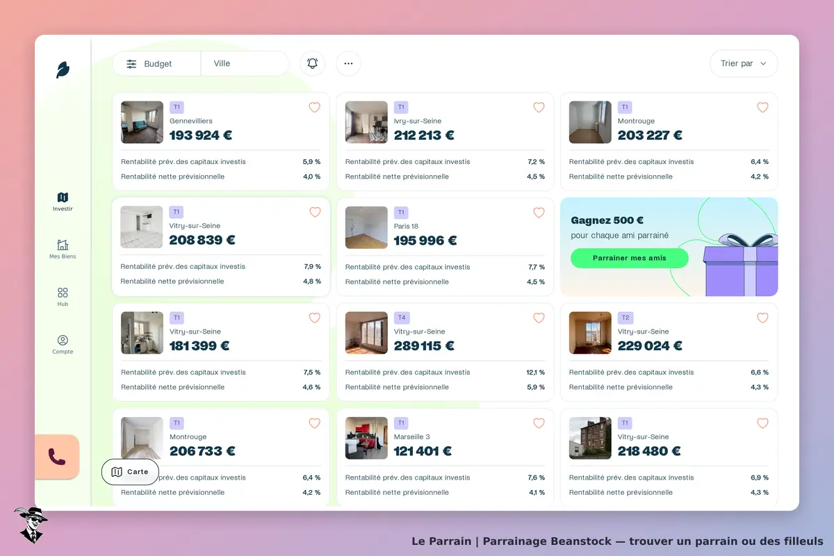Beanstock : liste de biens immobiliers avec prix, rentabilités et option de parrainage visible