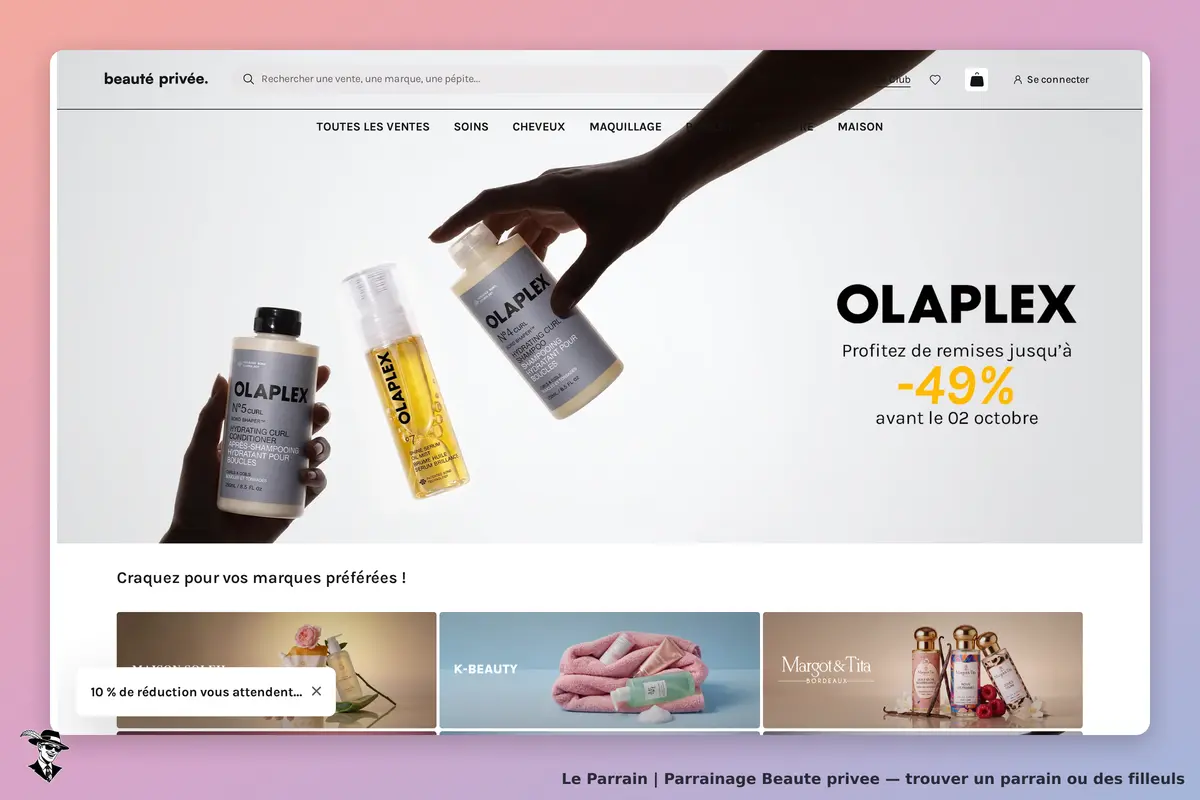 Beaute privee : beauté privée : page d'accueil avec produits Olaplex en avant-plan et sections