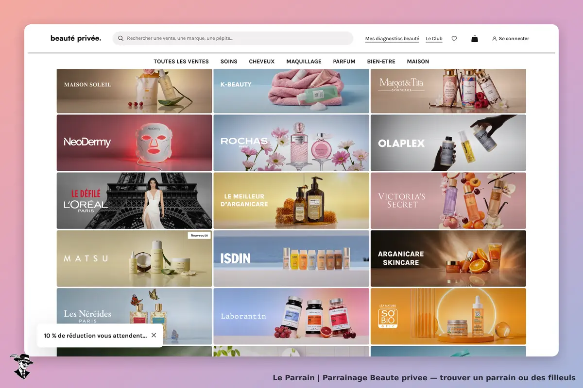 beaute privee : page d'accueil avec divers produits de beauté et marques affichés en grille
