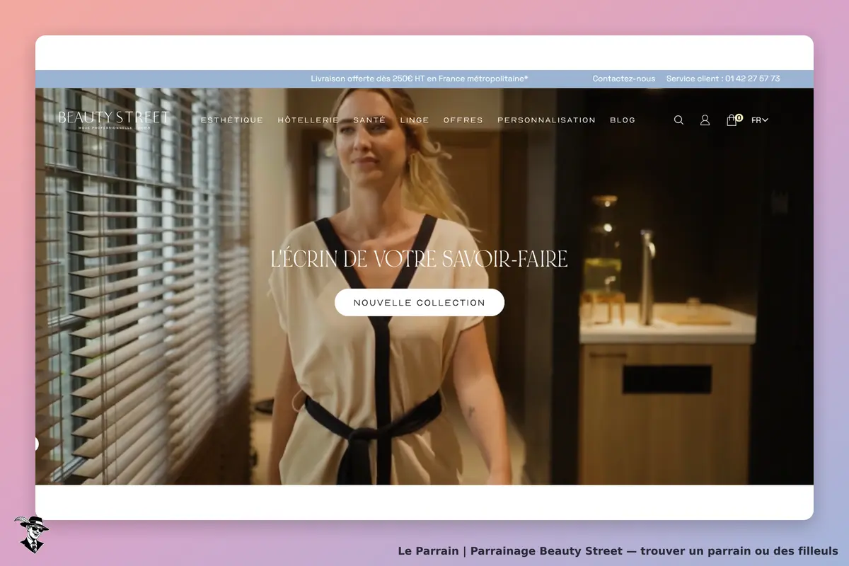 Beauty Street : page d'accueil avec une femme en tenue professionnelle et un texte promotionnel