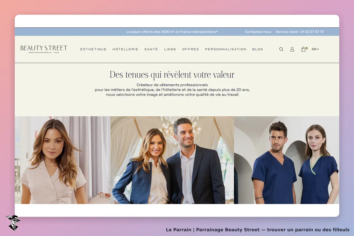 BEAUTY STREET : page d'accueil présentant des vêtements professionnels pour esthétisme et santé