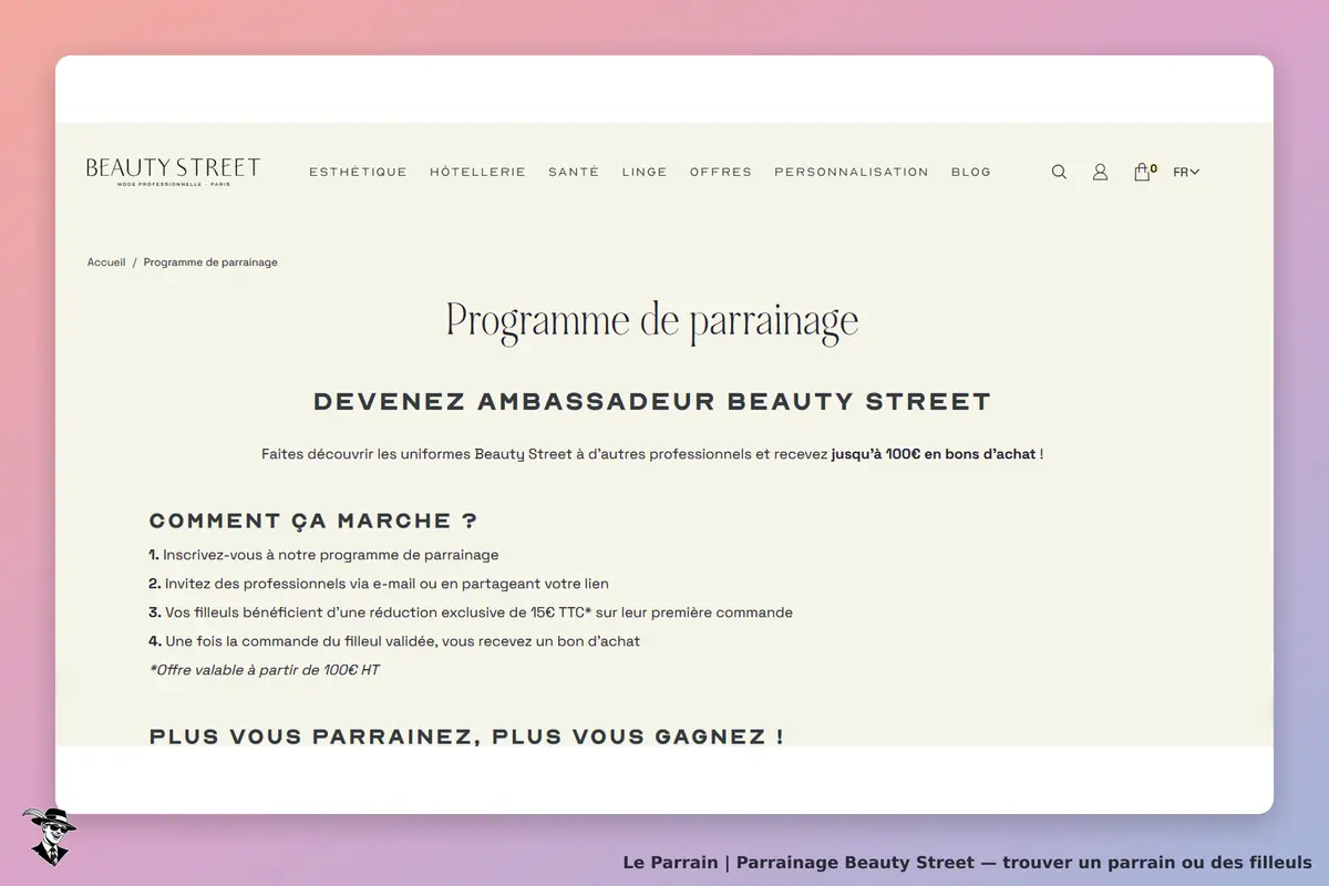 Beauty Street : page sur le programme de parrainage avec instructions et avantages affichés