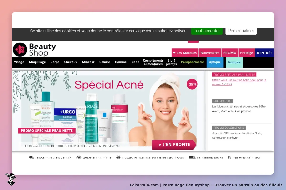 Beautyshop : beauty Shop : page d'accueil avec produits pour l'acné et une femme souriante en