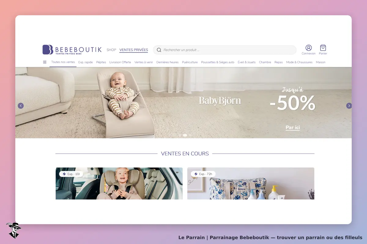 BEBEBOUTIK : page d'accueil avec un bébé dans un transat et des produits en vente en cours