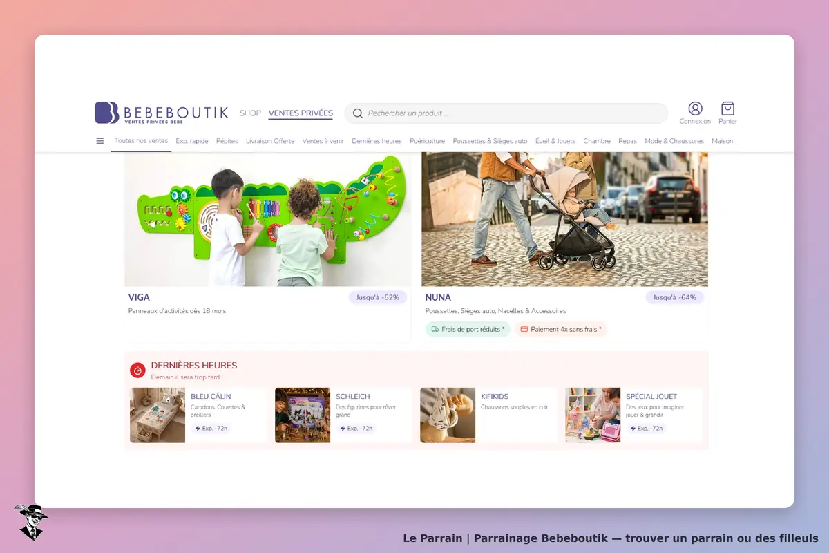 BEBEBOUTIK : page d'accueil montrant des jeux et poussettes pour enfants, avec promotions visibles