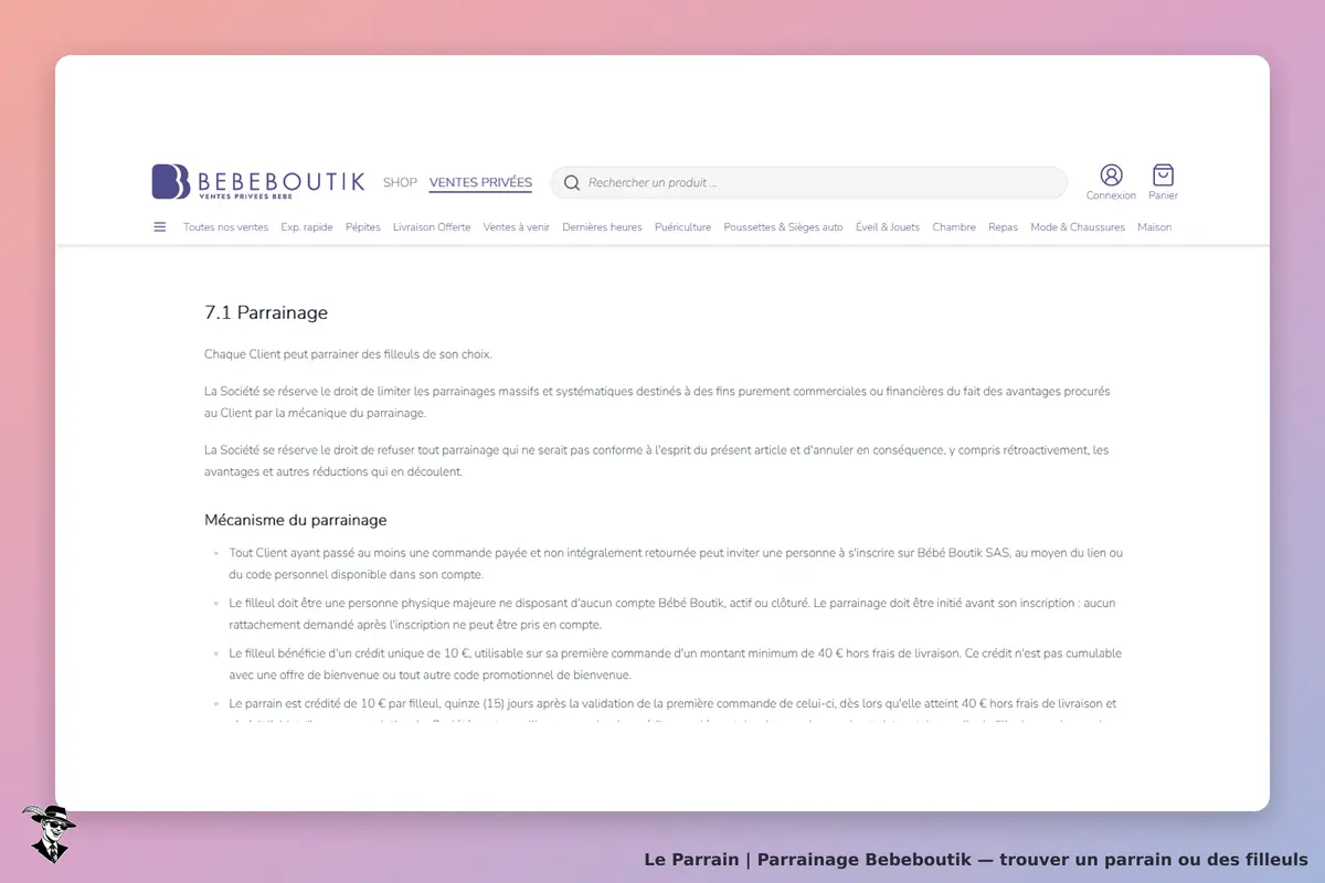 Bebeboutik : bEBE BOUTIK : section sur le parrainage avec des conditions et mécanismes détaillés