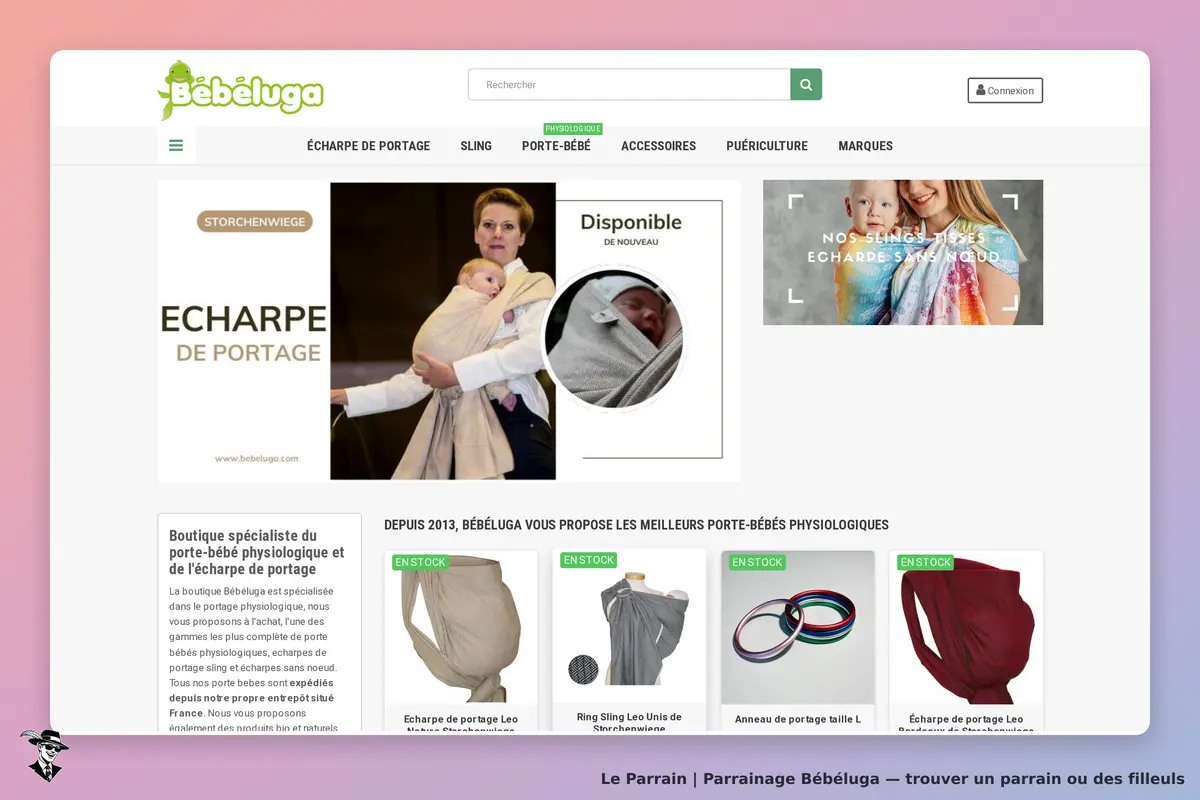 Bébéluga : page d'accueil avec écharpes et accessoires de portage pour bébés