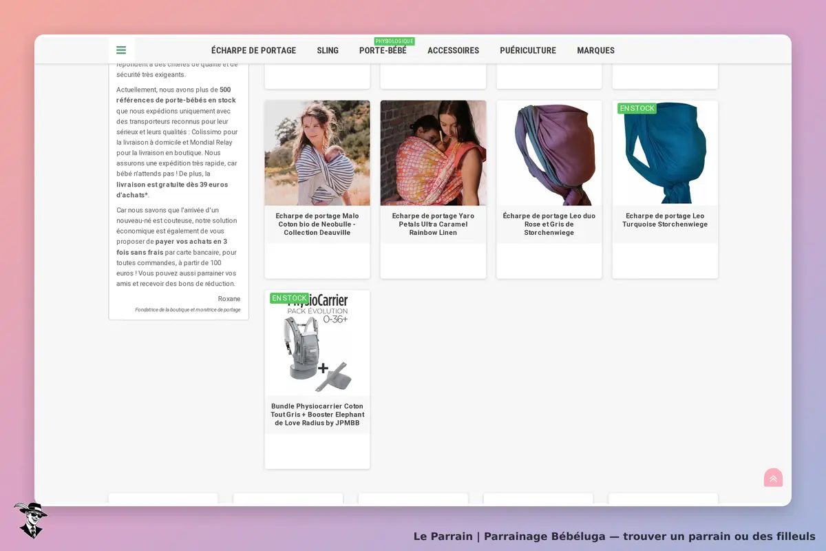 Bébéluga : page d'accueil avec des écharpes de portage et un bundle physiologique affichés