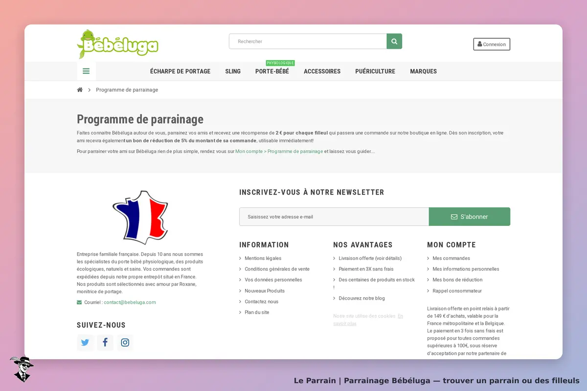 Bébéluga : page du programme de parrainage avec informations et inscription à la newsletter