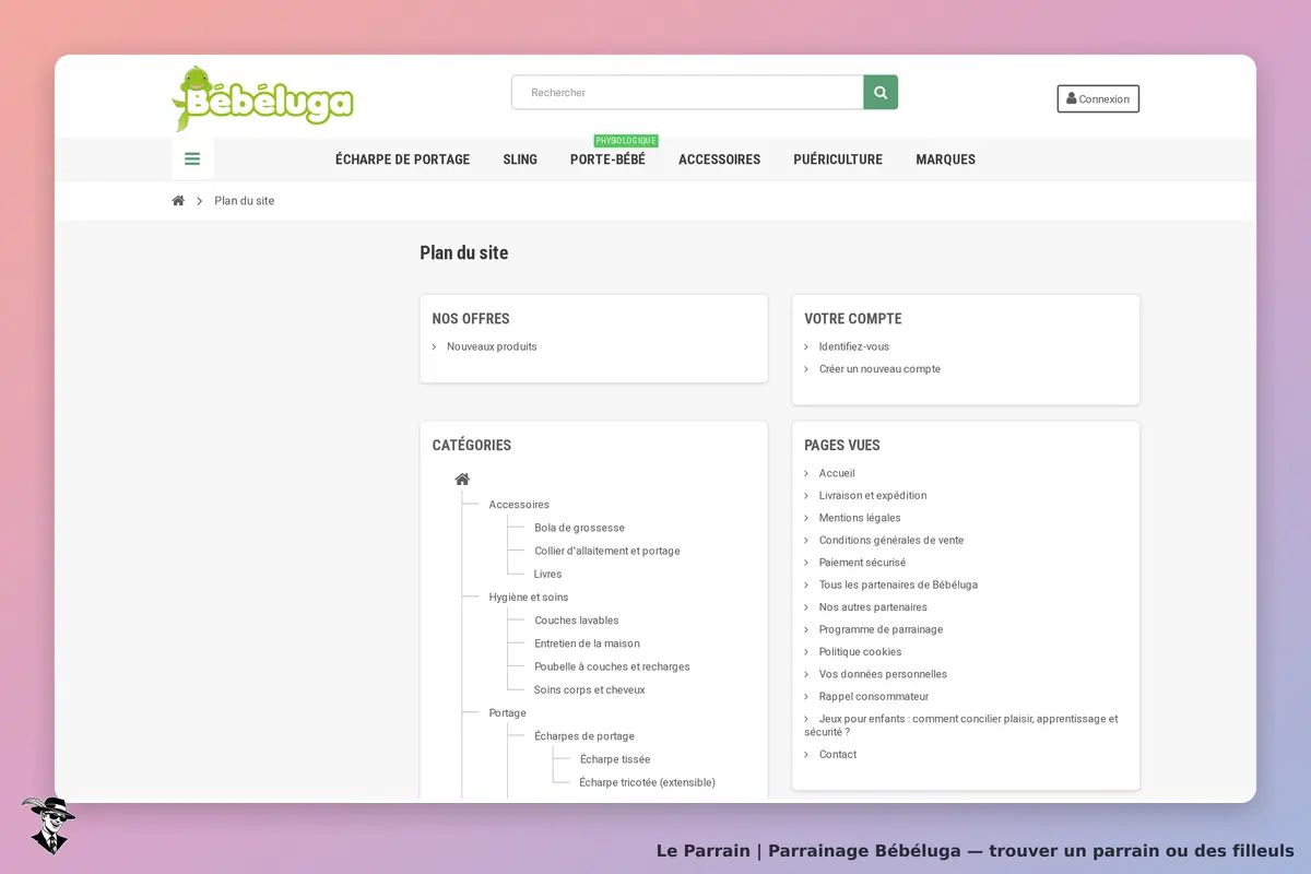Bébéluga : plan du site avec catégories et accès aux comptes utilisateurs