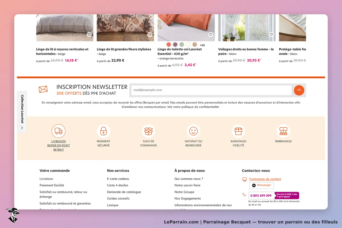 Becquet : page d'accueil avec produits de linge et inscription à la newsletter