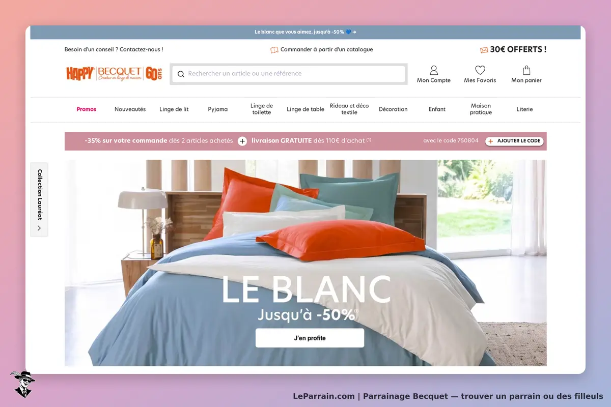 Becquet : page d'accueil avec des coussins colorés sur un lit et une offre promotionnelle