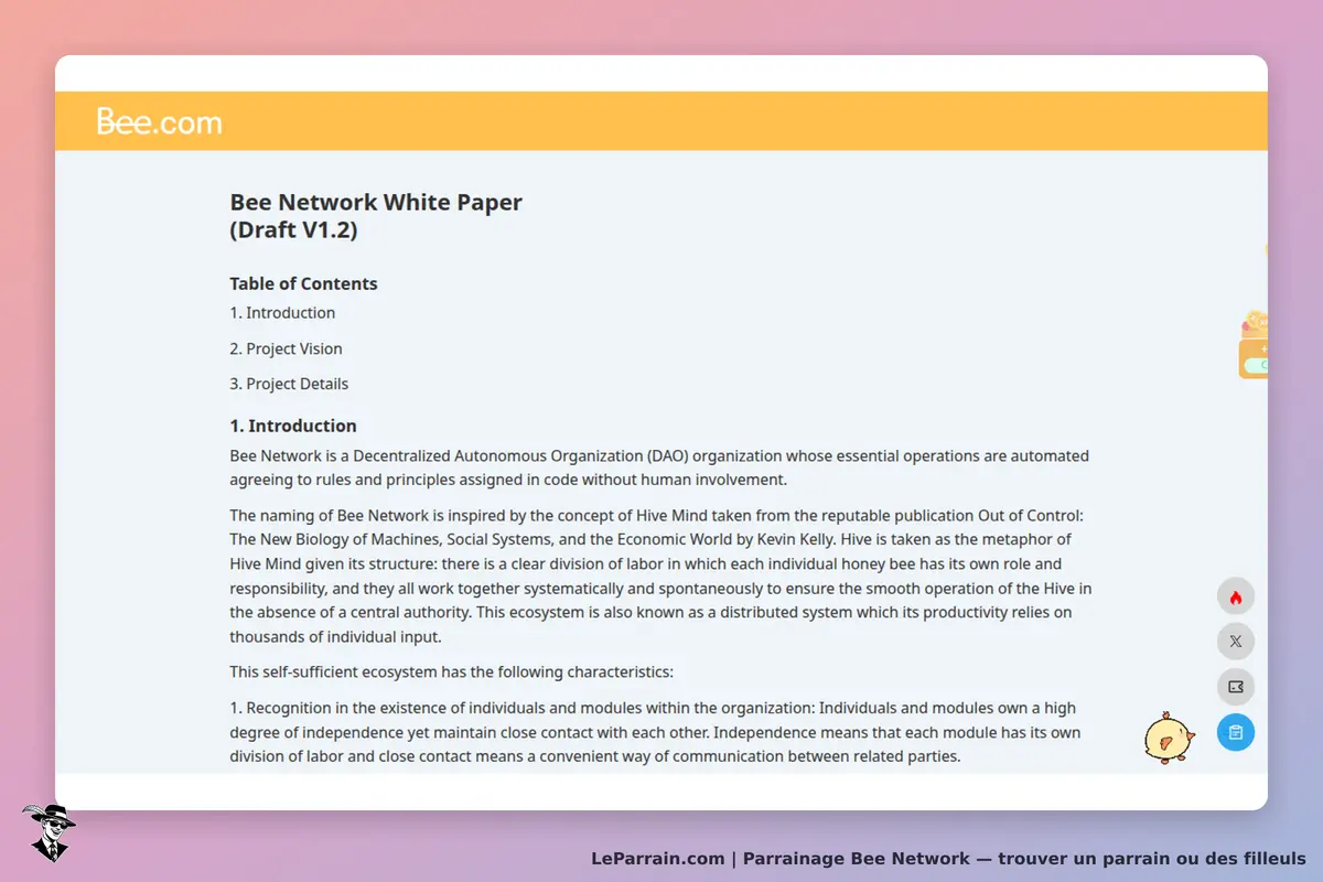 Bee Network : extrait du livre blanc avec table des matières et introduction du projet