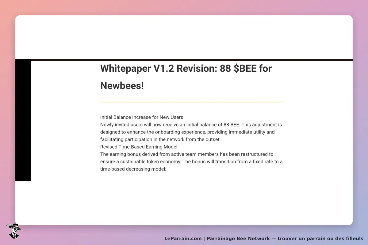 Bee Network : affichage du whitepaper V1.2 avec des informations sur les nouveaux utilisateurs