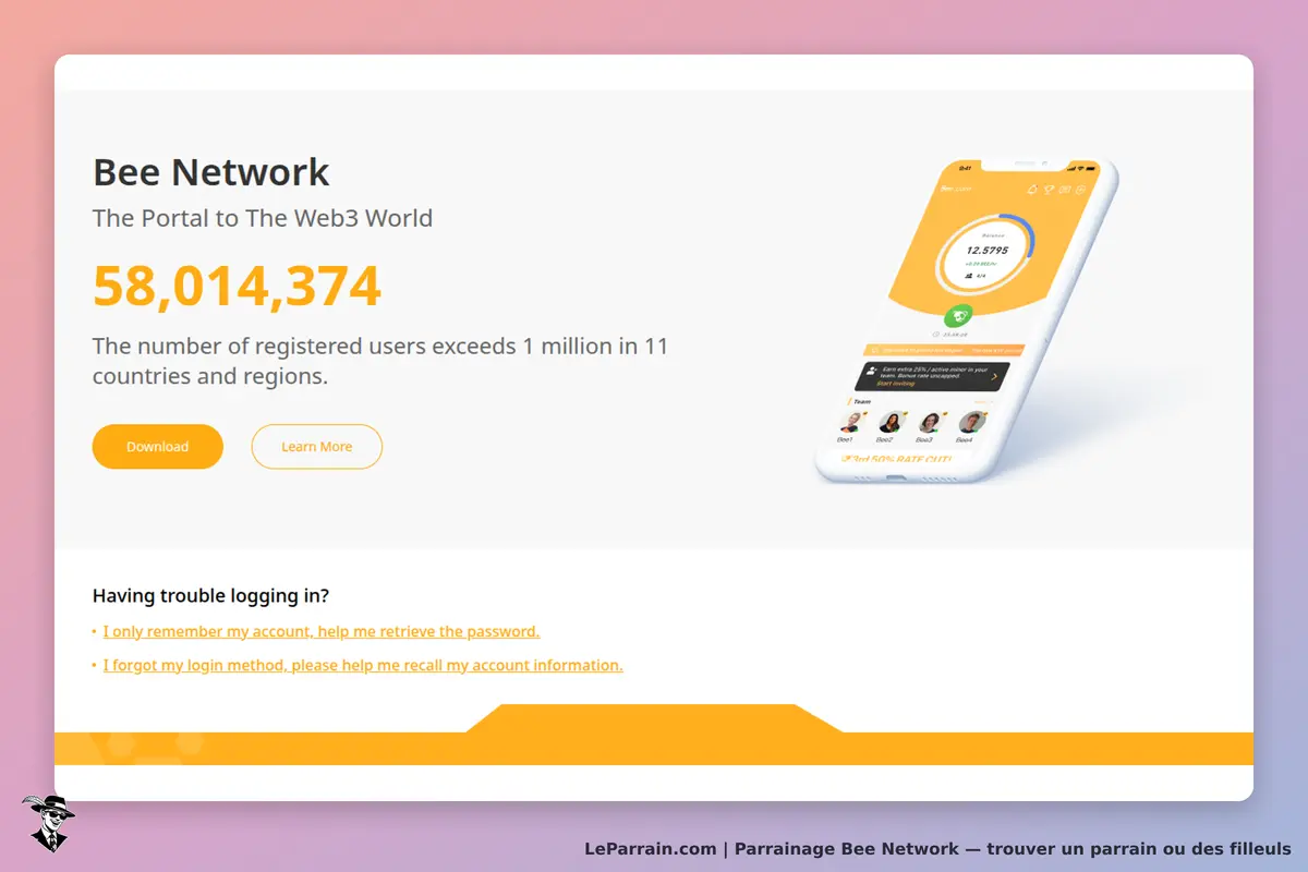 Bee Network : page d'accueil affichant un compteur d'utilisateurs et un smartphone avec