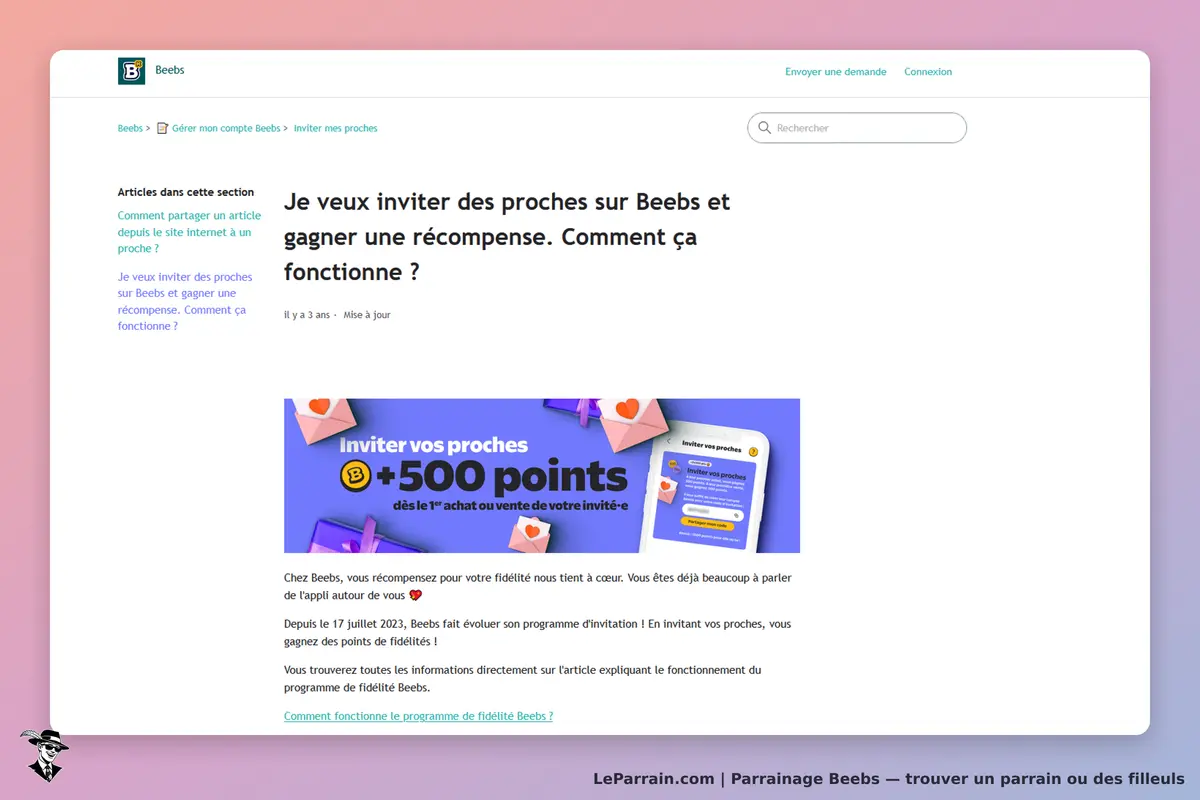 Beebs : page d'aide sur l'invitation de proches et le programme de fidélité