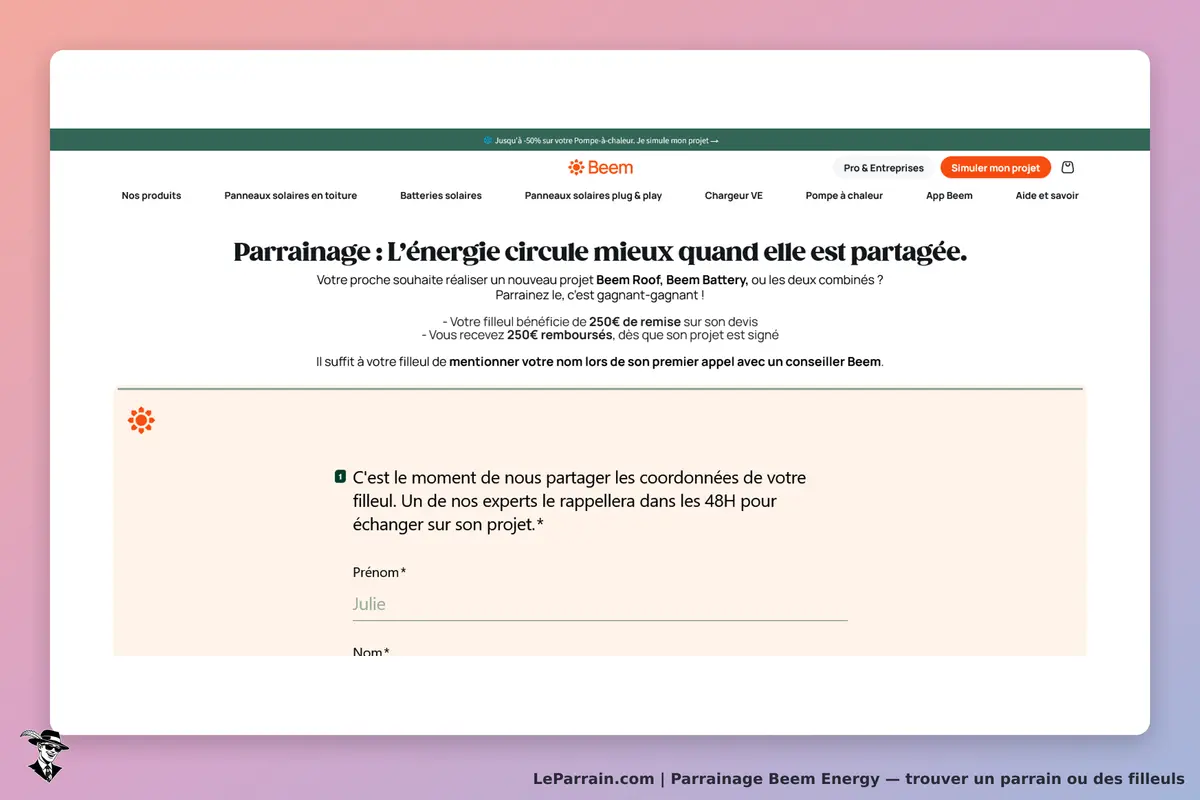 Beem Energy : beem : formulaire pour partager les coordonnées d'un filleul avec un expert Beem