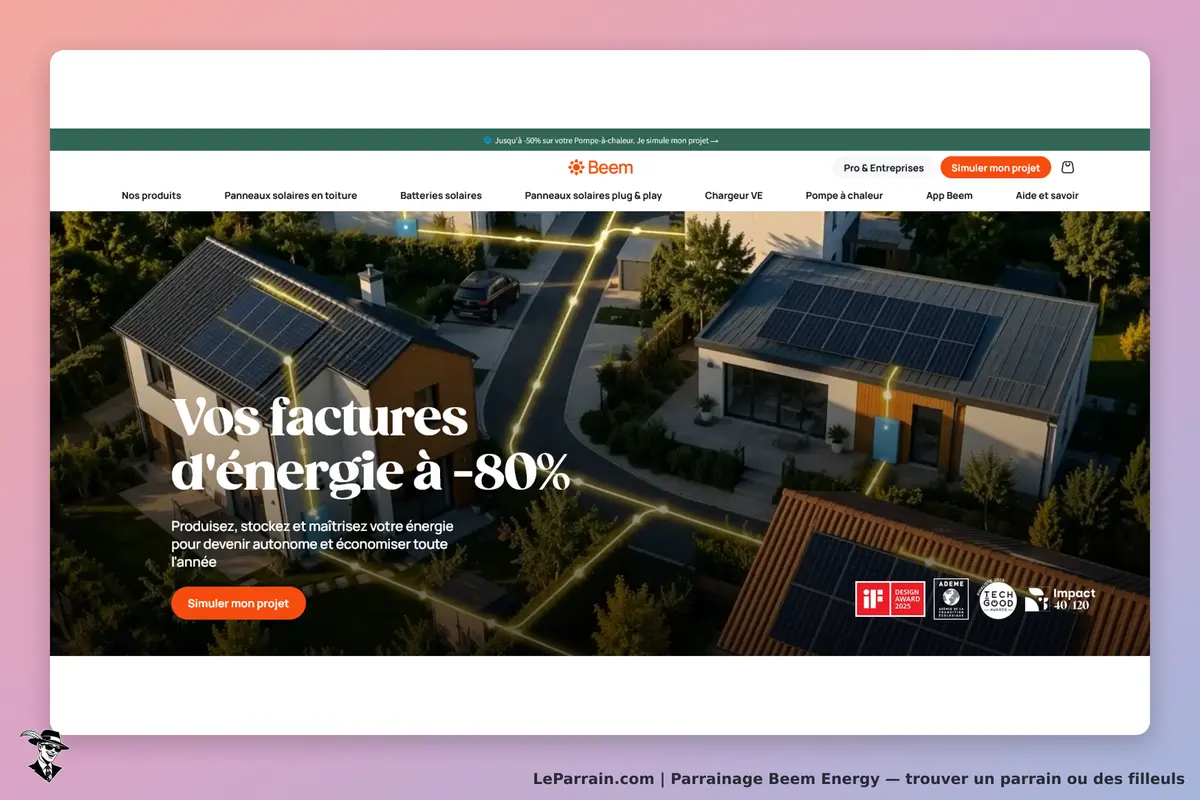 Beem Energy : page d'accueil avec maisons équipées de panneaux solaires et texte sur l'énergie