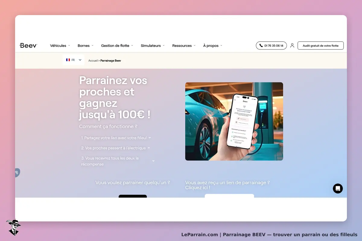 BEEV : page d'accueil avec informations sur le parrainage et image d'un smartphone et voiture