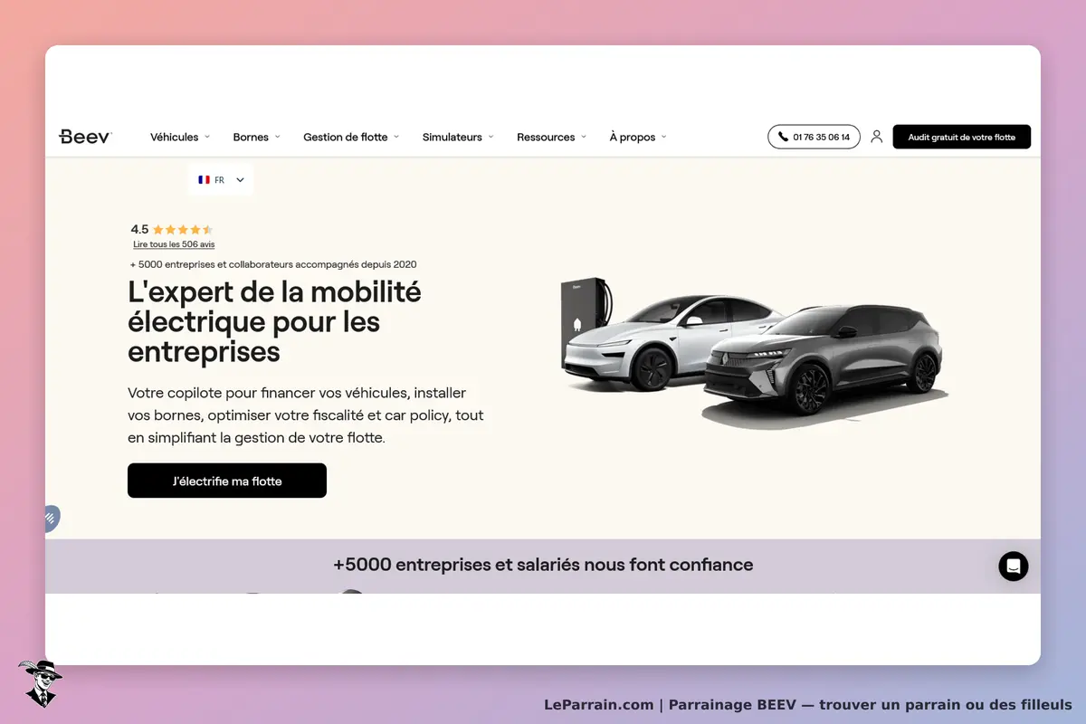 BEEV : page d'accueil présentant des véhicules électriques et un formulaire d'inscription