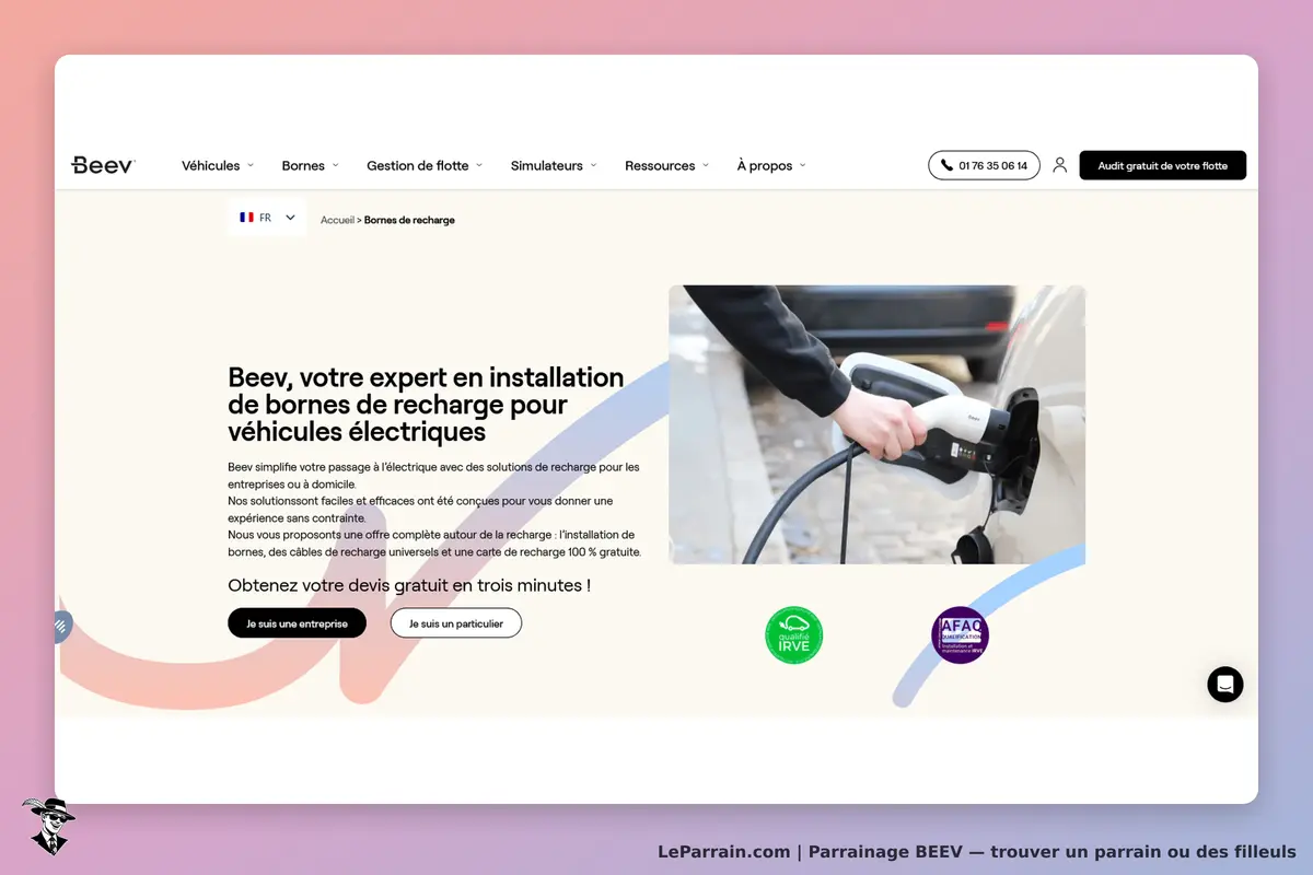 BEEV : page d'accueil présentant des bornes de recharge pour véhicules électriques, avec une image