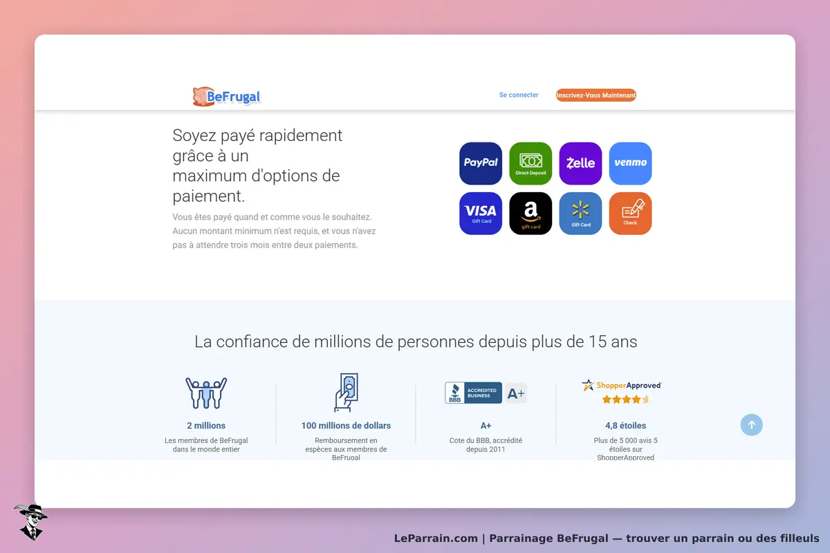 BeFrugal : page d'accueil présentant des options de paiement et des témoignages de confiance