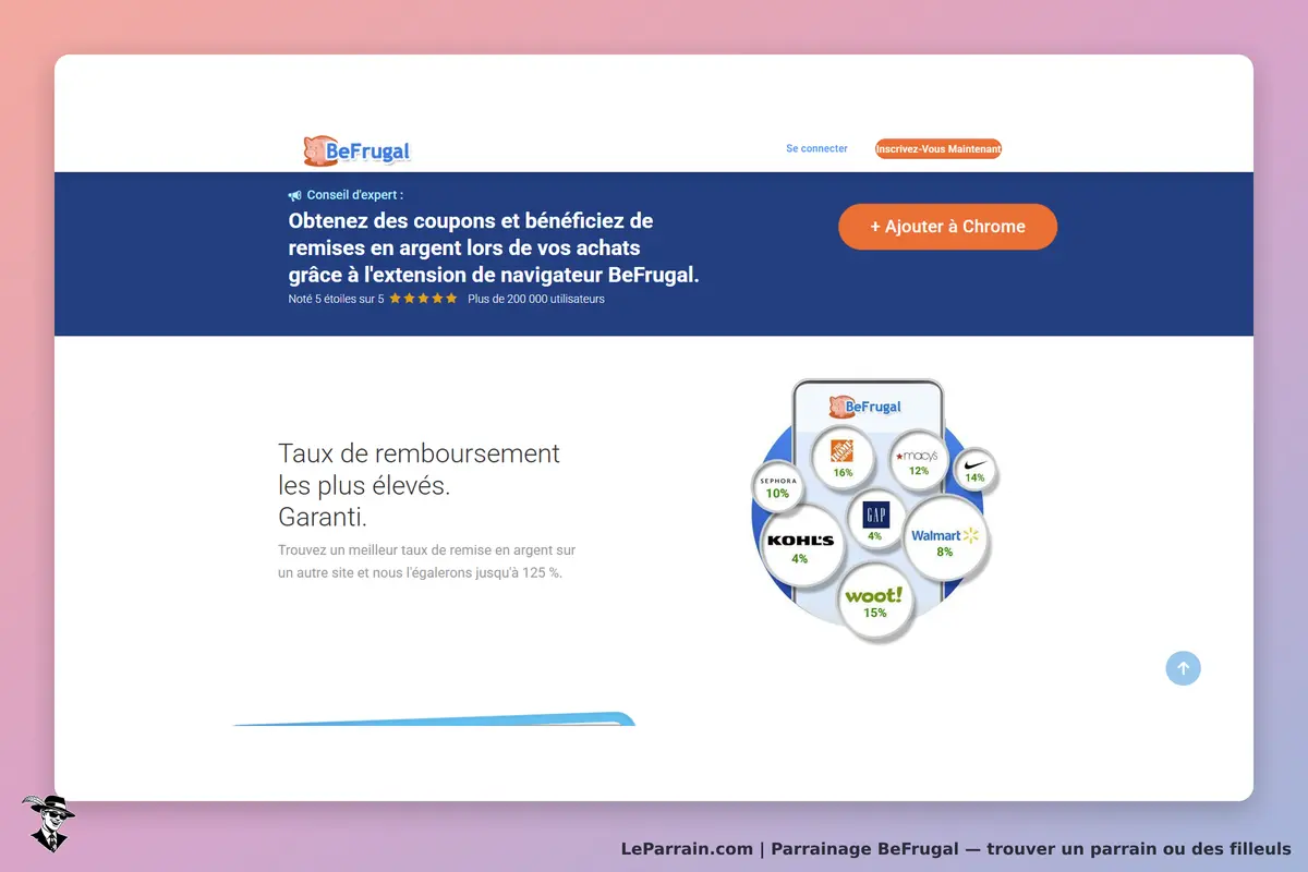 BeFrugal : page d'accueil avec conseils et logos de partenaires de remboursement