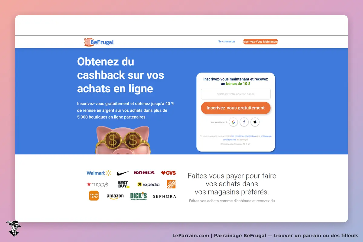 BeFrugal : page d'accueil avec un formulaire d'inscription et des logos de partenaires commerciaux