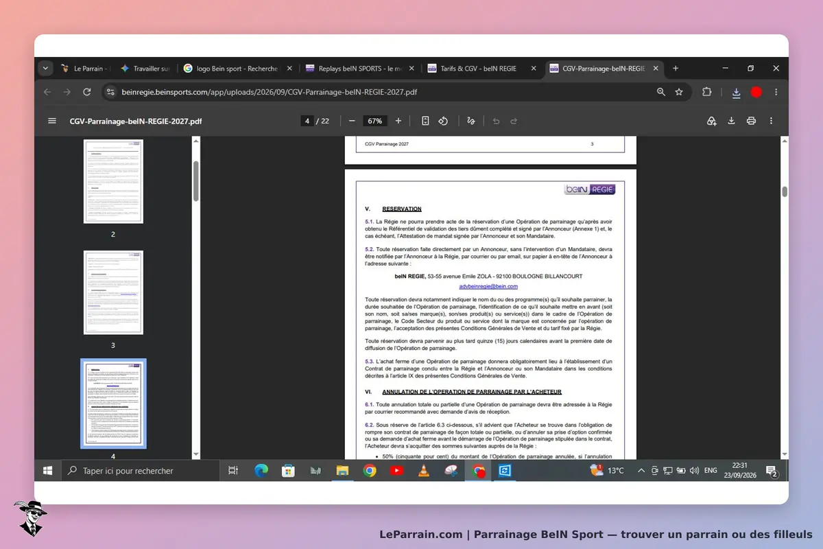 BeIN Sport : document PDF affichant des conditions générales de parrainage, page 4 sur 22