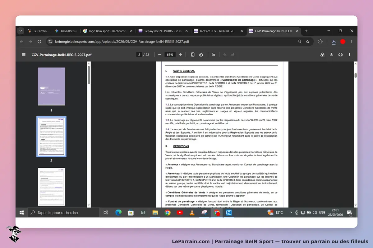 BeIN Sport : document PDF affichant les conditions générales de vente pour le parrainage
