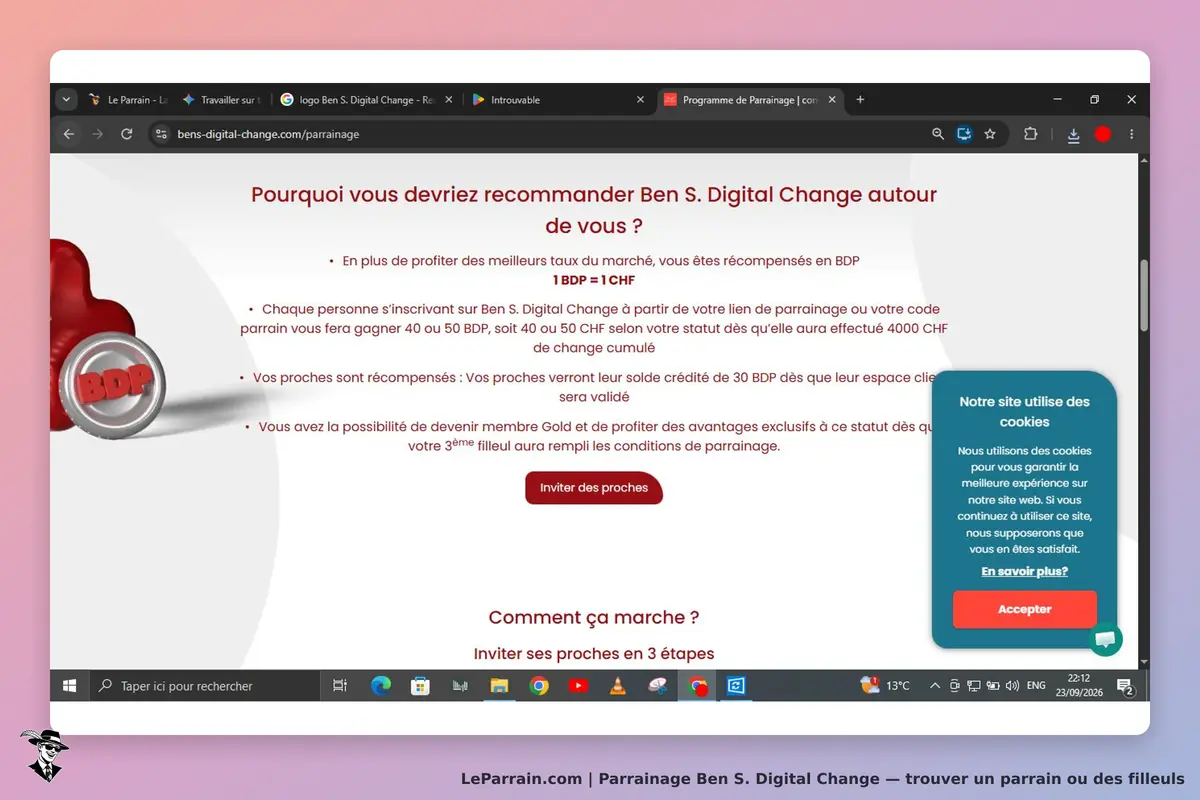 Ben S. Digital Change : page d'accueil avec informations sur le programme de parrainage et cookies
