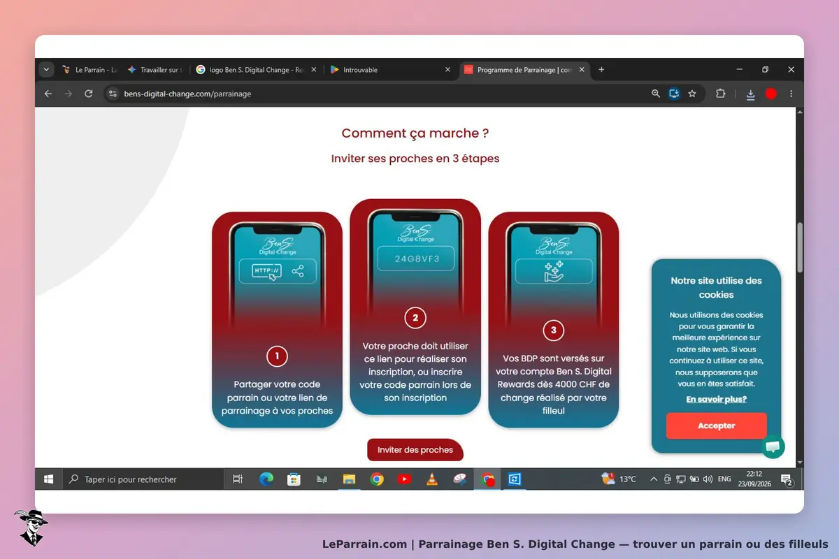 Ben S. Digital Change : étapes pour inviter des proches avec des illustrations sur mobile