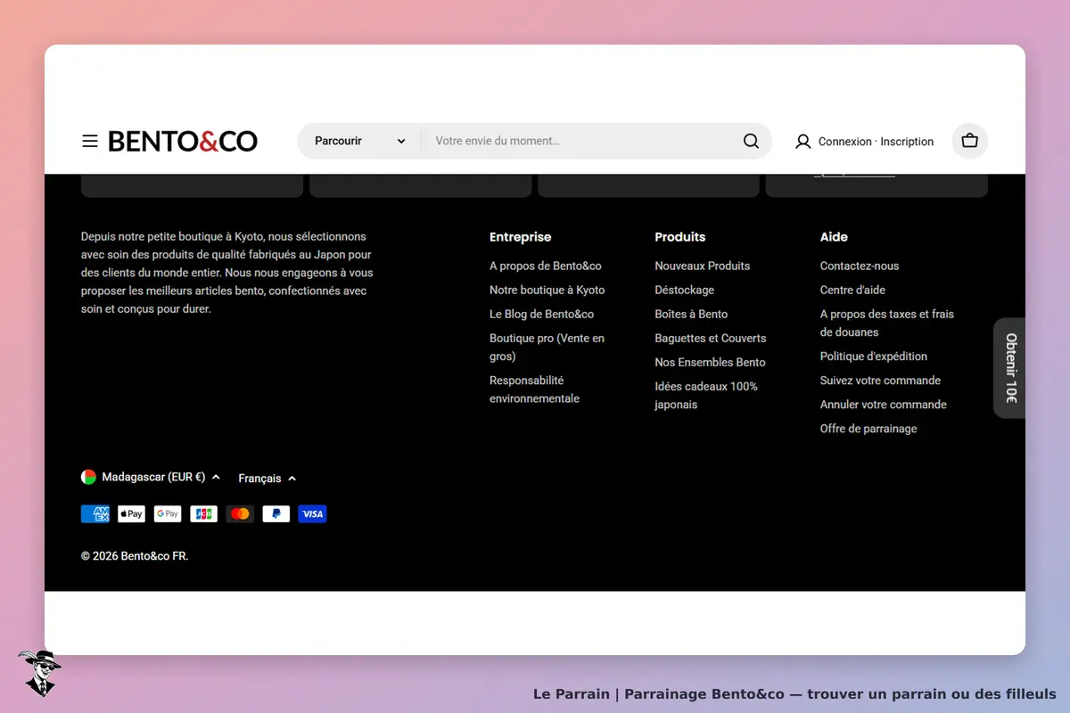 BENTO&CO : page d'accueil avec menu, informations sur l'entreprise et options de contact