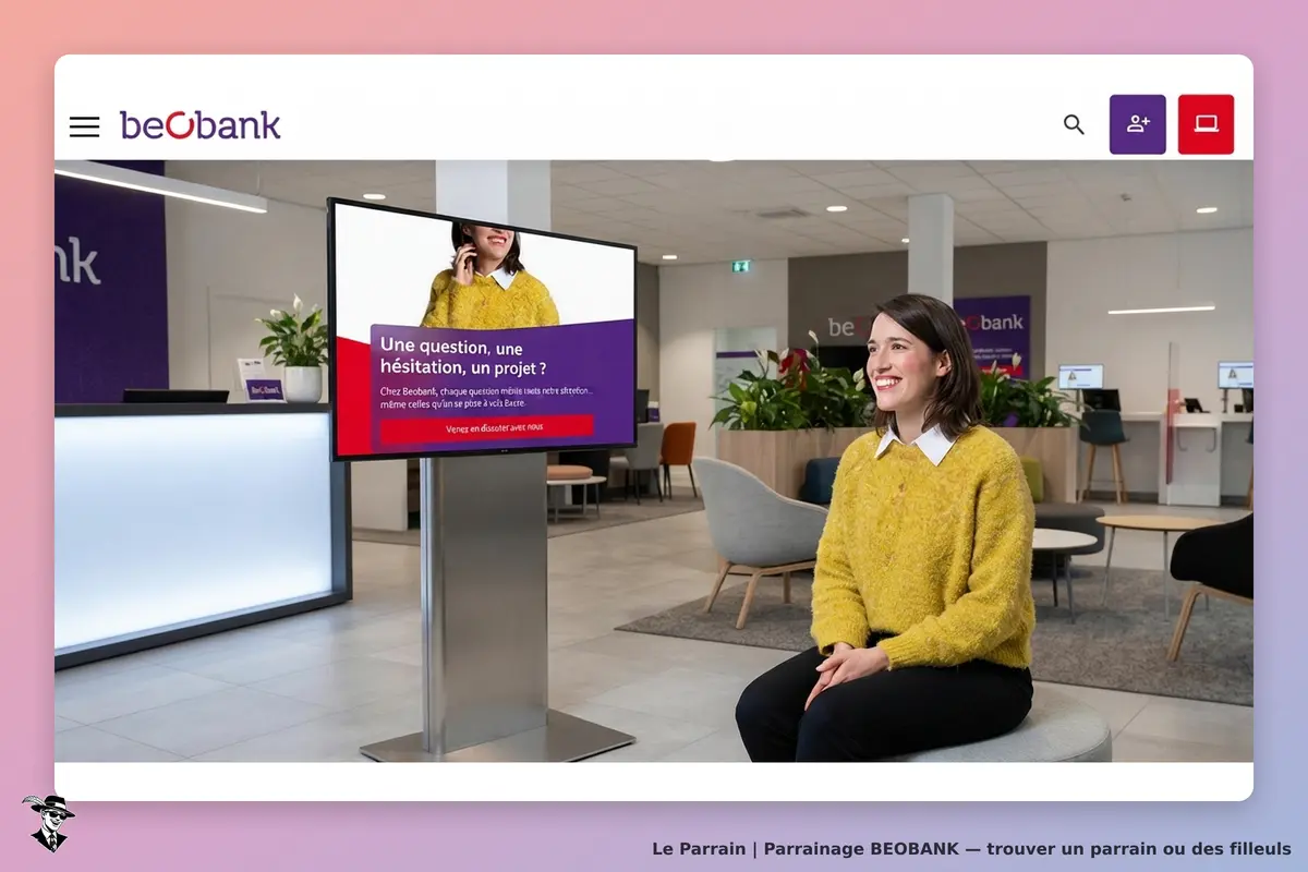 beobank : une femme souriante en pull jaune assise dans une agence avec un écran d'affichage