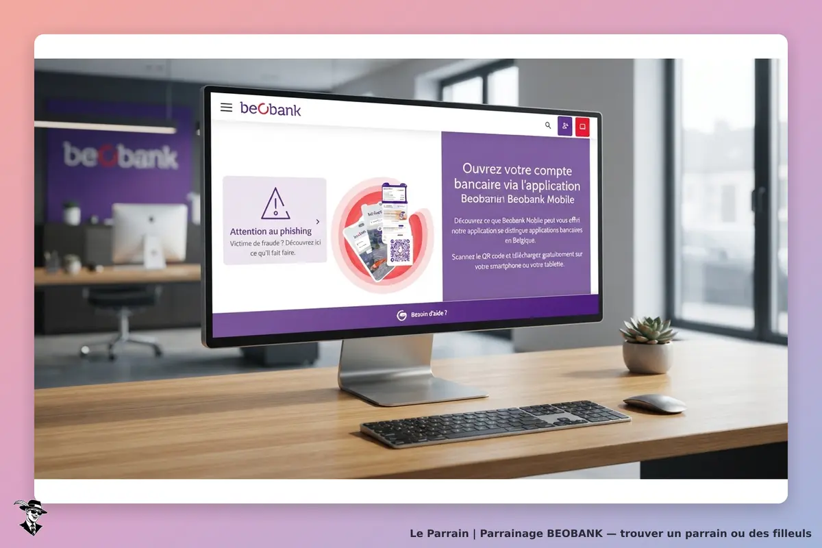 BEOBANK : page d'accueil avec avertissement sur le phishing et présentation de l'application mobile